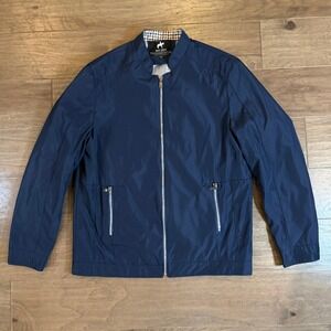 West Louis Mens Navy Blue Full Zip Bomber Jacket Windbreaker Plaid Lined XL